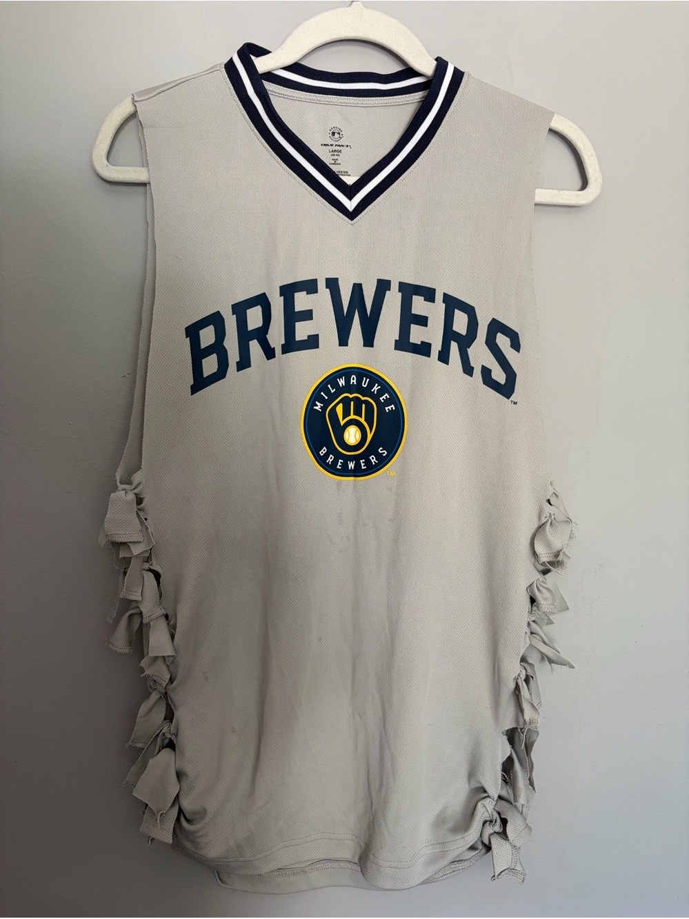 DIY Upcycled Milwaukee Brewers Jersey Size L Gray Grungy Tattered Side Tied OOAK